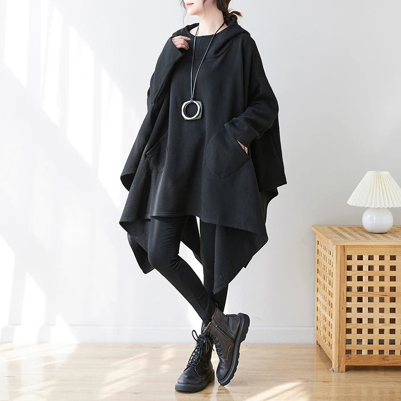 #3342 Black Cape Hoodie Woman Batwing Sleeve Loose Asymmetrical Hoodies Sweatshirts Pockets Thick Long Hooded Sweatshirt Femme.