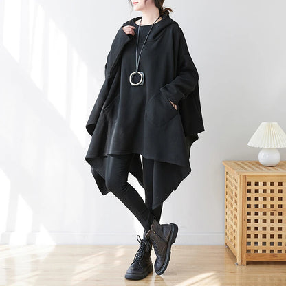#3342 Black Cape Hoodie Woman Batwing Sleeve Loose Asymmetrical Hoodies Sweatshirts Pockets Thick Long Hooded Sweatshirt Femme.