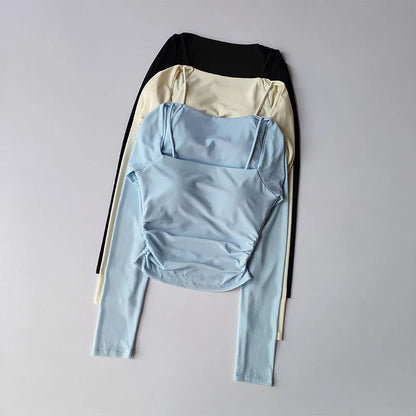 Yoga Clothes Women Sports Tops Fixed Chest Pads Mesh Splicing Slimming Long Sleeves Fashionable Running Training Fitness Clothes.