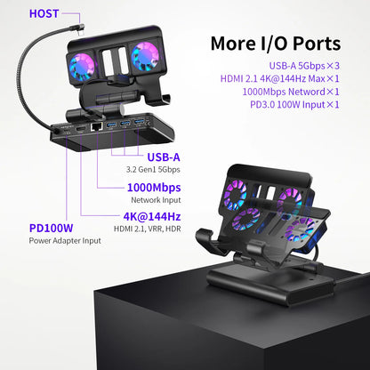 6 In 1 Rgb Dual Fans Docking Station for Rog Ally Steamdeck Game Console Dock Adjustable Height Dock Bracket with Hdmi 4K 60Hz.