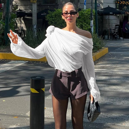 WhereMery Sexy Irregular Oblique-neck Flower Applique T Shirt Summer Off Shoulder Fashion Long Sleeve Crop Tops Street Mesh Tees.