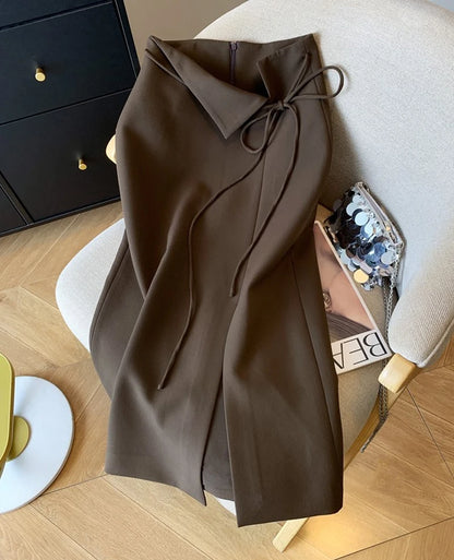 Elegant Slit Midi Skirt Women Fashion Black Bandage Split Suit Skirts  Office Ladies Korean Casual A Line Streetwear Skirt New.