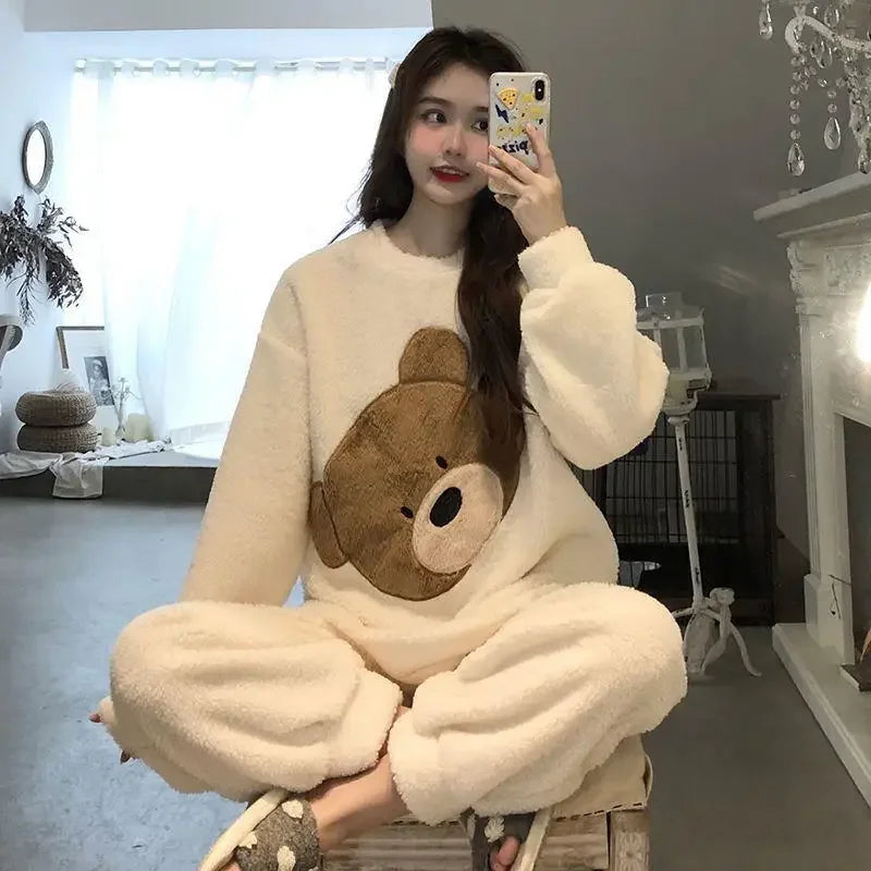 Thickened Warm Women Winter Two Pieces Set Flannel Homewear Pajamas O-Neck Loose Cute Cartoon Bear Ladies Sleepwear Loungewear.