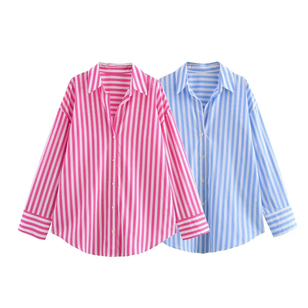 women's striped loose shirt with collar decoration for spring and summer new casual women's clothing.