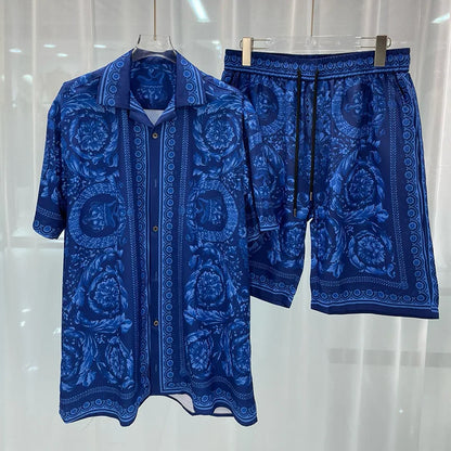 Royal luxury digital printed men's set fashion two-piece shorts set high-quality summer short sleeved shirt Allen Sen Trendy Clo.