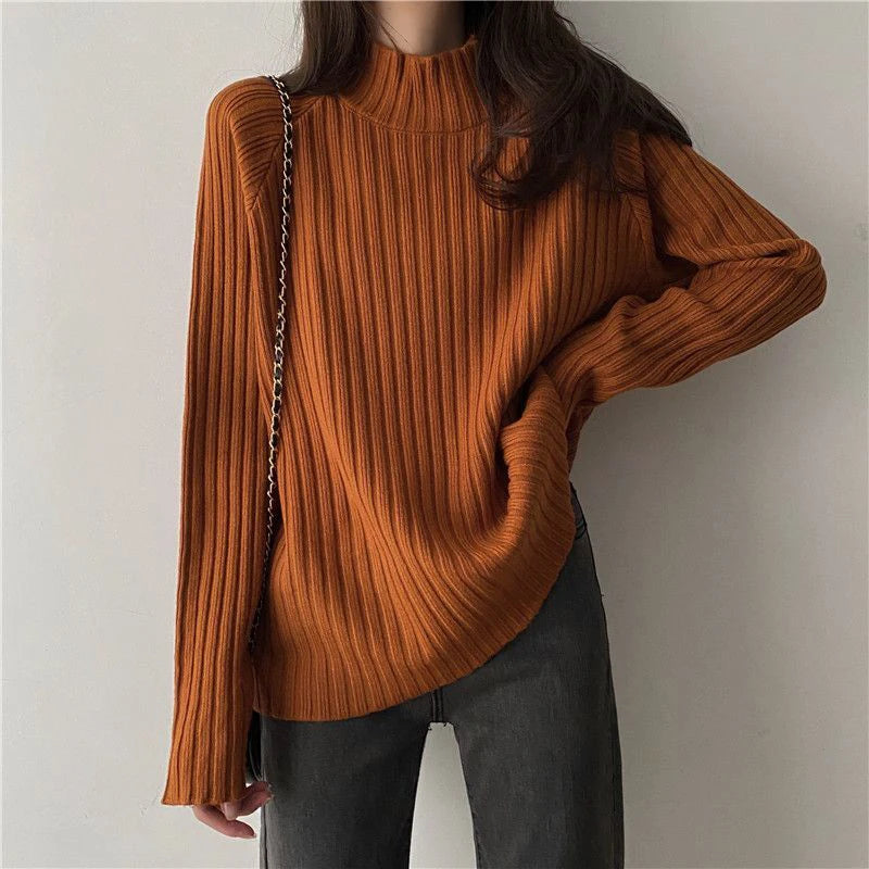 Rollkragen Gestrickte Pullover Frauen Herbst Winter Mode Lose Lange Hülse Alle Spiel Pullover Pullover Solide Büro Dame Jumper