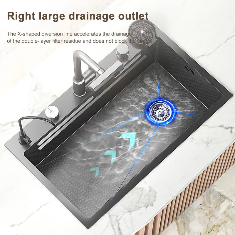 Waterfall Sink Large Single Slot Stainless Steel Kitchen Sink Embossed Washbasin Under The Basin Installation For Kitchen