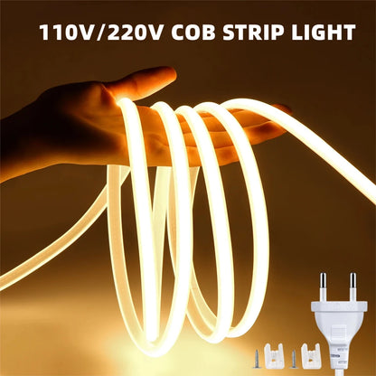 10M 5M 3M COB LED Light Strip 220V IP65 Waterproof Diode Tape 288LED/M High Lumen Neon Tube Lamp Tape Kitchen Closet Backlight.