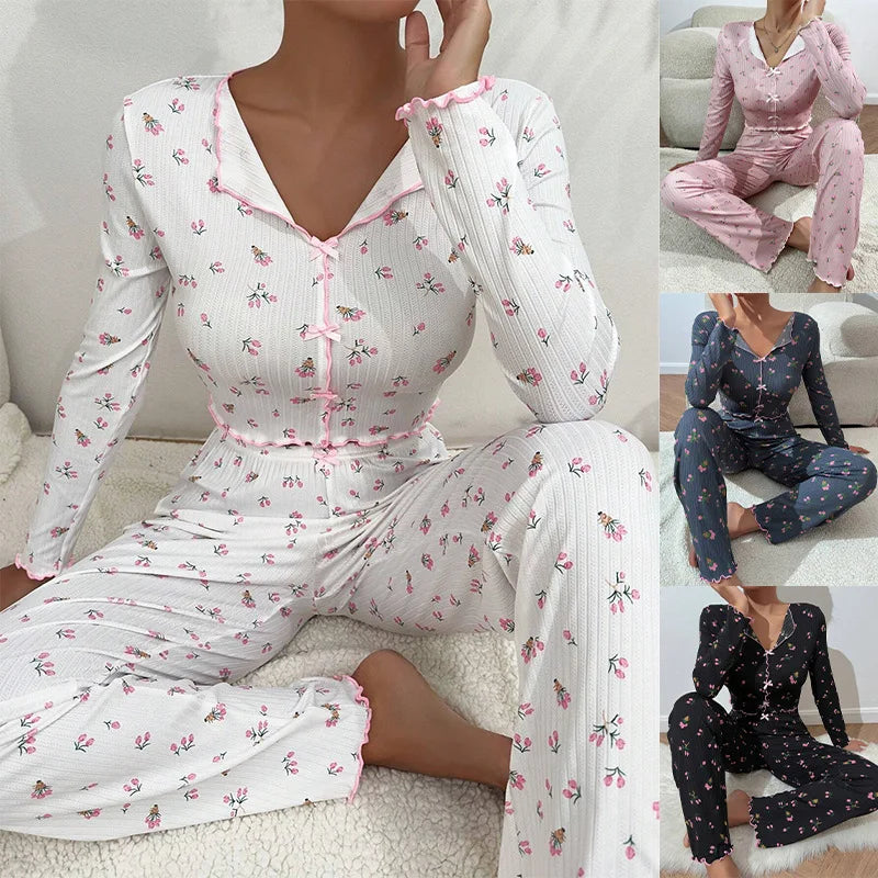 Y2K Nette Floral Gerippte Pyjama Set Frauen Langarm V-ausschnitt Zwei Stück Nachtwäsche Homewear Herbst Winter Bogen Salat Trim Neue Heiße.
