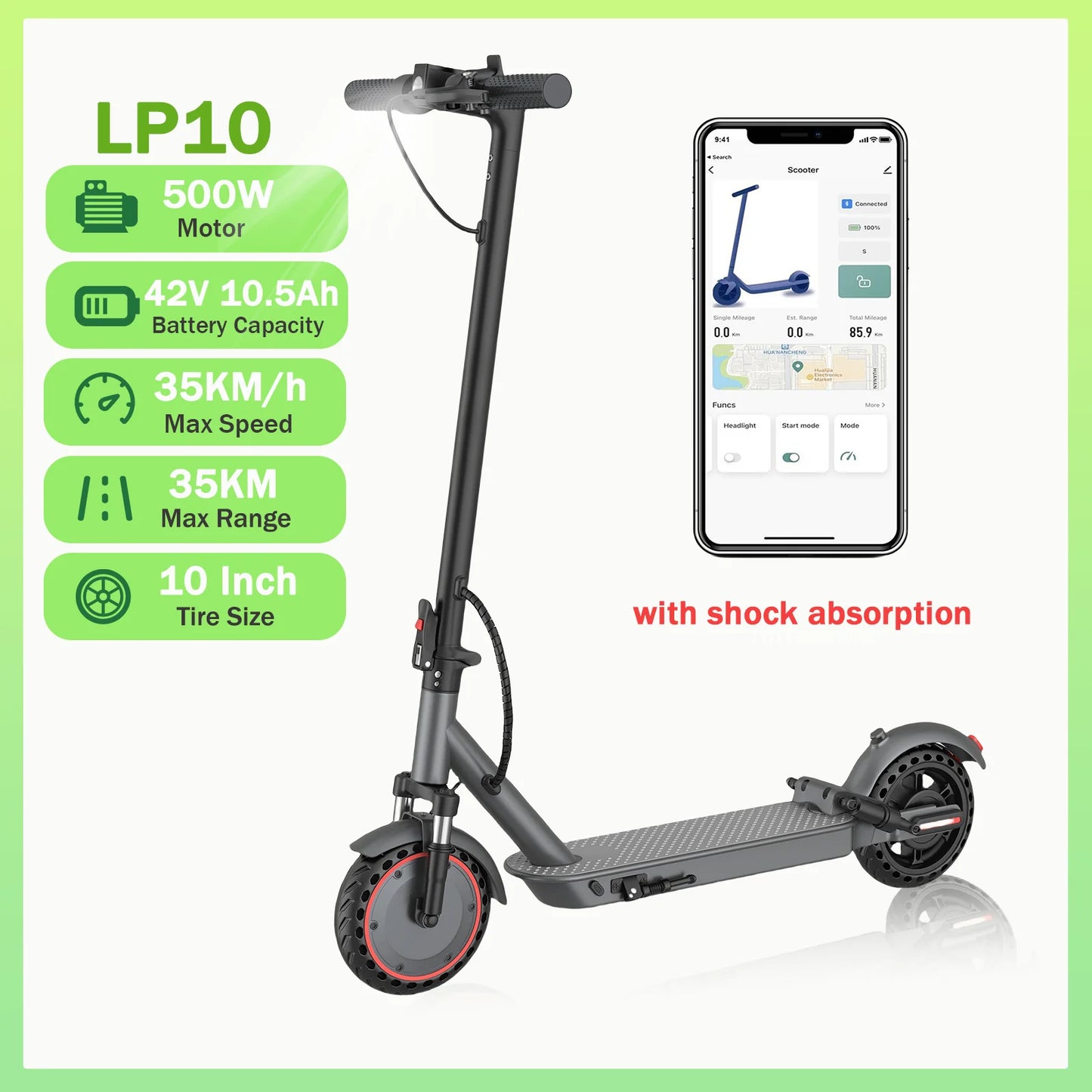 AOVOPRO LP10 500W Electric Scooter 42V 10.5Ah 35KM/H 35KM Long Range 10 Inch with Shock Absorption Smart Foldable EScooter