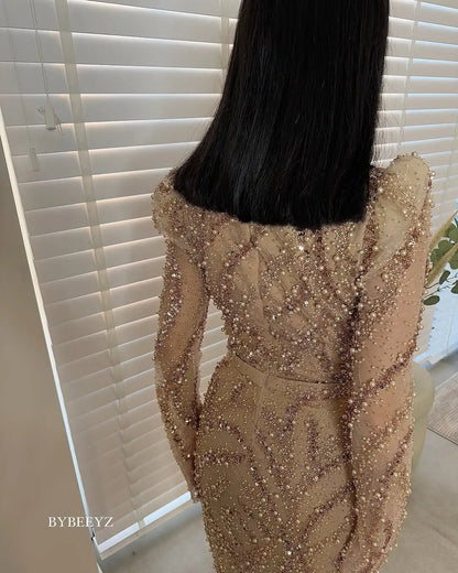 BABYONLINE Maßgeschneidertes Abendkleid All CoPearl Sleeve Full Crystals Etuikleid Abiye.