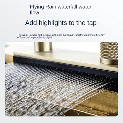 Wasserfall-Küchenspüle, Einzelschüssel, Küchenspülen, goldfarbenes Barspülbecken aus Edelstahl 304, mit Pull-Wasserhahn, Nano-Waschbecken für zu Hause ﻿