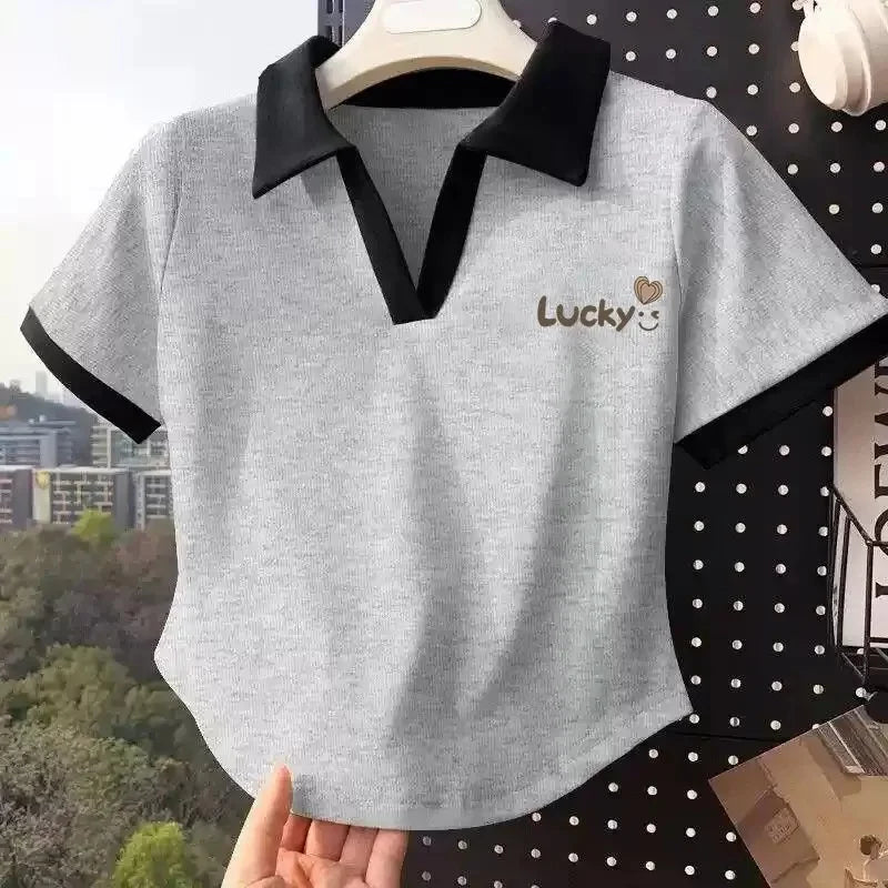 White Short Sleeve Popl Shirt Women's Summer T-shirt 2025 New Style Korean Version Small Size Shoulder Collar Top Cotton Materia