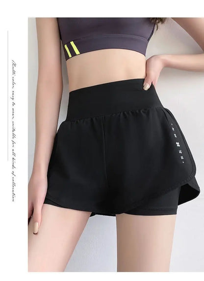 Women Yoga Pocket Shorts Fake Two Piece Anti Peek Shorts High Elastic Loose Fashion Casual Gym Trainning Three Point Pants.