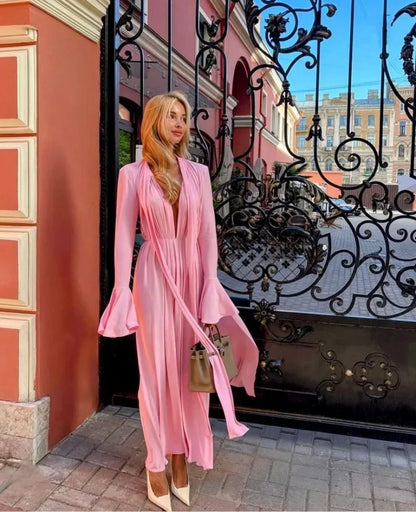 Elegante Y2K Mode Lange Flare Hülse V-ausschnitt Floral Schlitz Party Abendkleid Robe Vintage Frauen Falten Langes Kleid