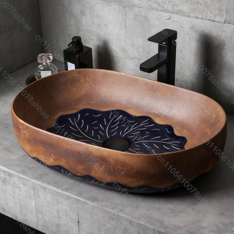 Vintage-Keramik-Waschbecken, ovales Badezimmer, künstlerisches Waschbecken über der Theke, Waschbecken für Badezimmer, Waschtisch, Aufsatzwaschbecken