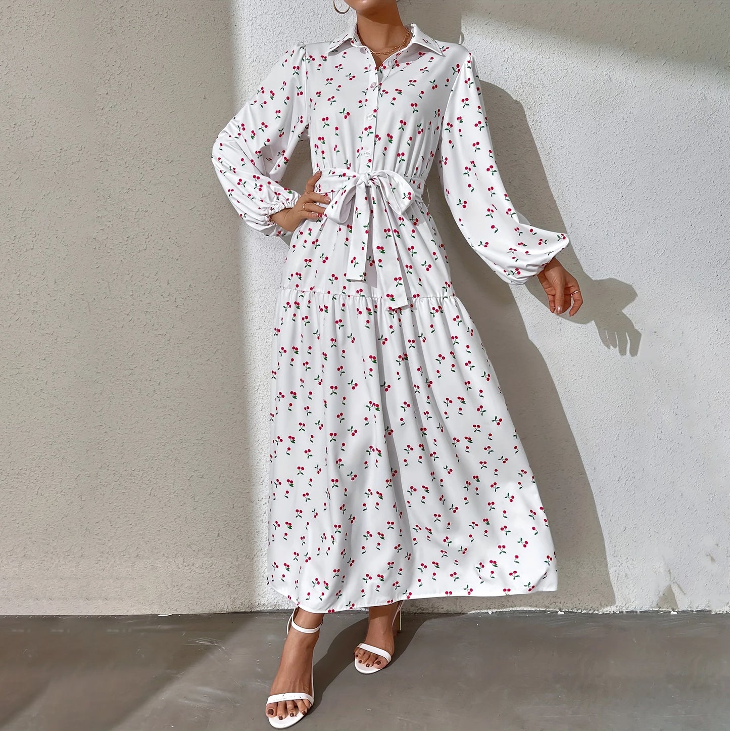 Ramadan Abaya Floral Print Button Front Dress, Casual Lantern Sleeve Dress For Spring & Fall, Women's Clothing Kebaya Kaftan.