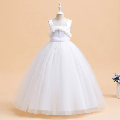 Mädchen Partykleider Weiß Langes Hochzeit Brautjungfer Prinzessin Kleid Abend Tüllkleid Abschlussball Klavier Performance Kleid