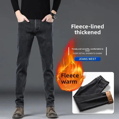 Loose Casual Jeans for Men Mid-aged Thick Winter Long Pants Business Style Straight Leg Spring Autumn Korean Version