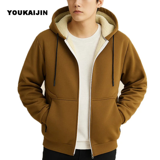 Men's Warm Fleece Hoodie Autumn Winter Sherpa Lined Full-Zip Solid Color Sweatshirt Jacket Coat.