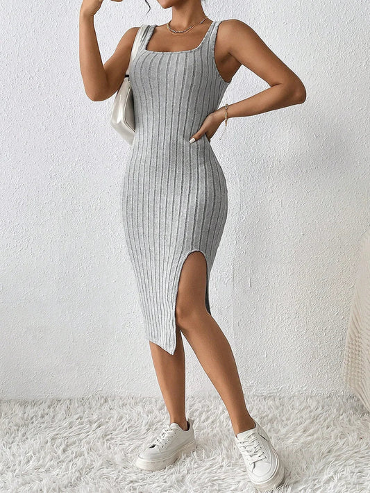 Frauen Sommer Stil Gestrickte Hosenträger Kleid Dame Ärmelloses Quadrat Kragen Seite Schlitz Rock Kleid Vestidos.
