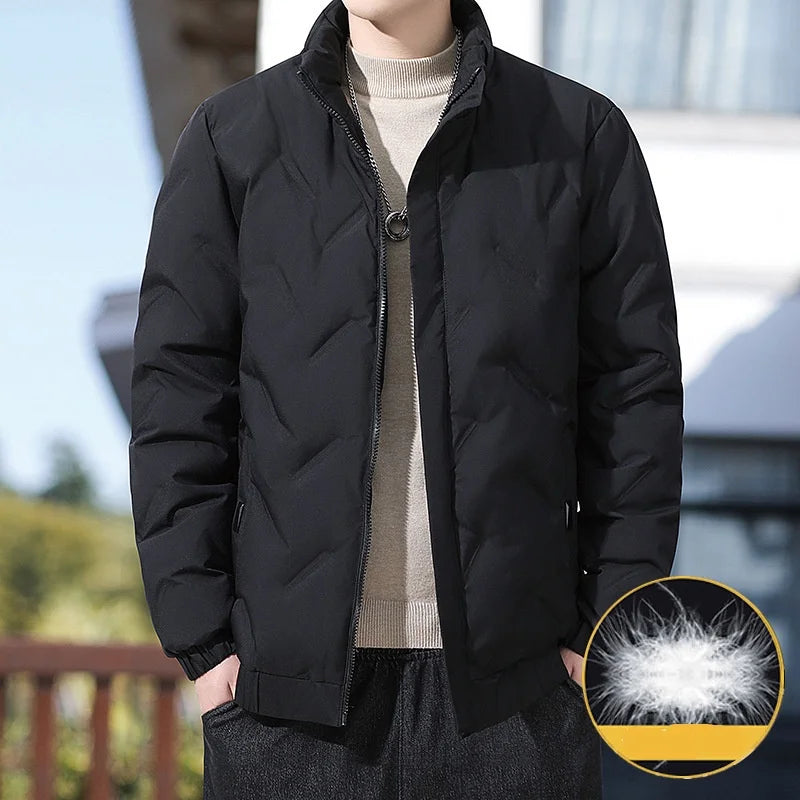 Men's winter standing collar cotton jacket with diamond grid pattern warm jacket, casual solid color fashionable simple jacket.