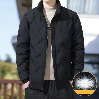 Men's winter standing collar cotton jacket with diamond grid pattern warm jacket, casual solid color fashionable simple jacket.