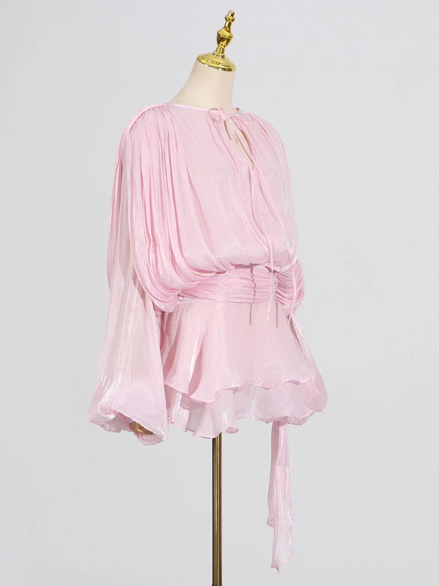 GALCAUR Solide Lose Splicd Lace Up Kleider Für Frauen V-ausschnitt Mit Langen Ärmeln Patchwork Rüschen Tunika Kleider Weibliche Mode Neue