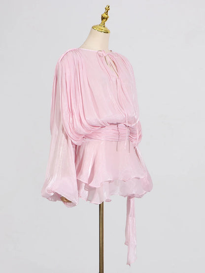 GALCAUR Solide Lose Splicd Lace Up Kleider Für Frauen V-ausschnitt Mit Langen Ärmeln Patchwork Rüschen Tunika Kleider Weibliche Mode Neue