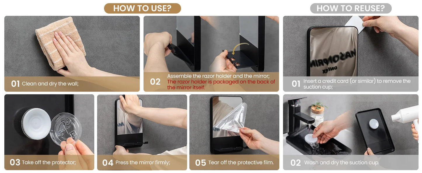 TAILI Dusch-Rasierspiegel mit Ablagefach, mit Rasiererhalter, abnehmbarer Saugnapf, bruchsicher, beschlagfreier Badezimmerspiegel