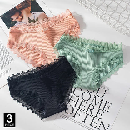 Cotton Panties Woman Sexy Lace Briefs Fashion Solid Color knickers Girls Bow Underpants Set Underwear 3 Pcs/lot.