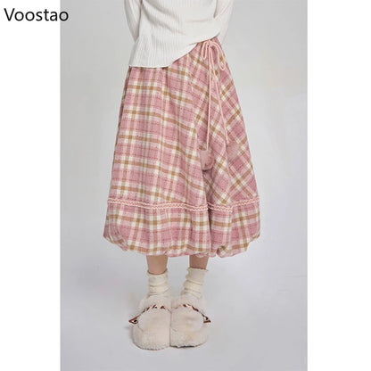 Pink Plaid Vintage Skirt Autumn Winter Women Preppy Style Chic Plush Ball Elegant Midi Skirt Korean Female Y2k A-Line Skirts.