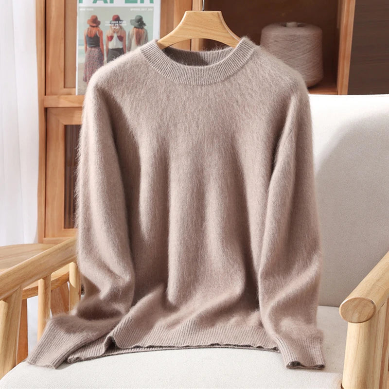 Women's Round-neck Mink Cashmere Sweater Soft Pullover Jumper Comfortable Knitted Top for Autumn Winter Pure Mink Material