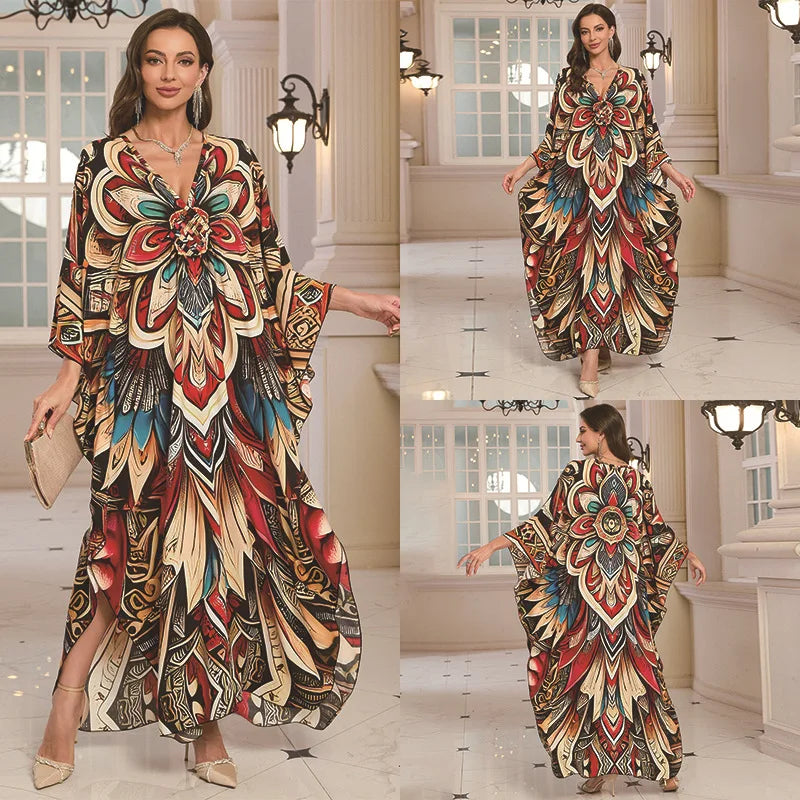 Kaftan-Kleider für Damen, Wellenhals-Badeanzug, Überwurf, Kaftan-Kleid, Übergröße, übergroßes langes Strandkleid