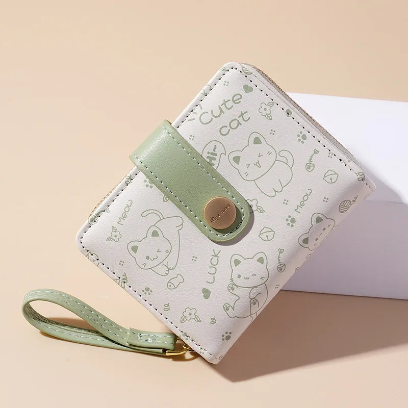 Japanese Cute Cat Girls Wallet Short Student ID Bank Card Holder Money Bag Zipper Wallets For Women Key Storage Purse Coin Purse.