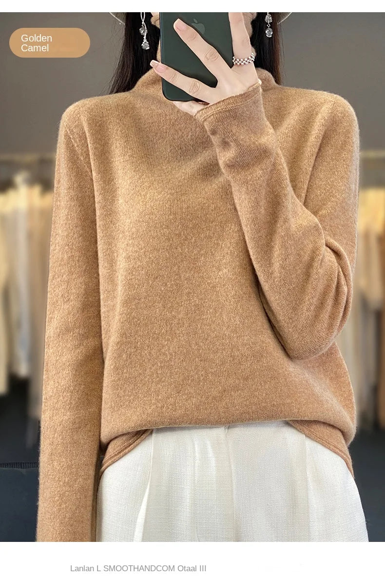 2025 100% Merino Wool Sweater Elegant Cashmere Pullover Women Pile Collar Long Sleeve Knitwear Basic Clothing  Jumper Tops