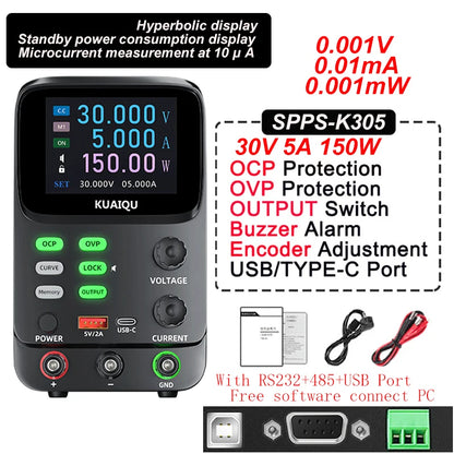KUAIQU 5 Digits Programmable Adjustable Power Supply 30V 10A,Battery Simulation Tester,Real time Curve Display Voltage Current