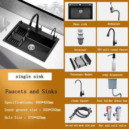 kitchen sink Black nano-sink single-slot household hand-washing basin kitchen large 304 stainless steel sink sink bowl