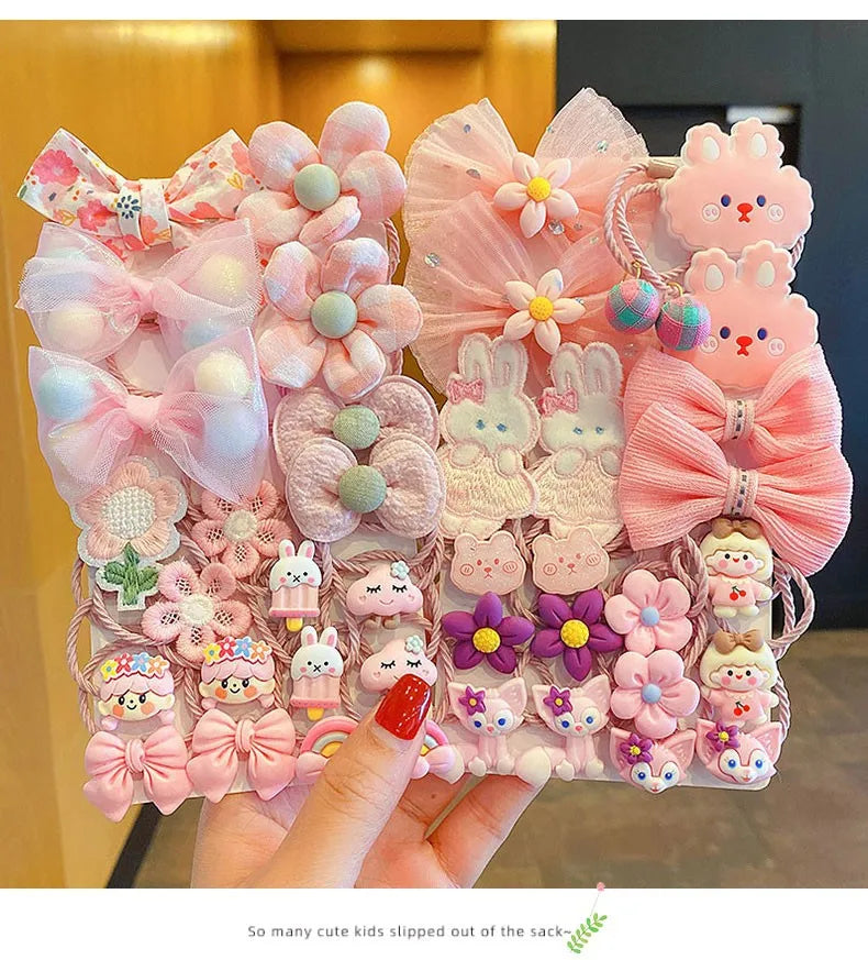 Kawaii Flower Bow Scrunchies Set Children Gift Girls Elastic Hair Rubber Bands Accessories Tie Hair Ring Rope Headdress Headwear.