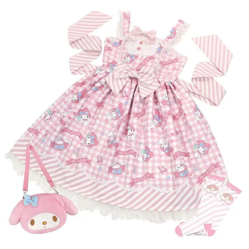 Anime My Melody Lolita Kleid Cinnamoroll Prinzessin Kleid Kuromi Süßer süßer Druck Schleife Spitze Party Trägerkleid Kawaii Academy Kleid.