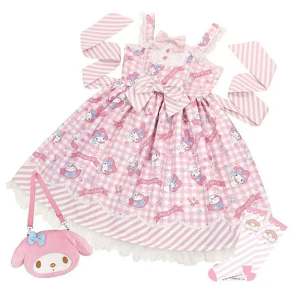 Anime My Melody Lolita Kleid Cinnamoroll Prinzessin Kleid Kuromi Süßer süßer Druck Schleife Spitze Party Trägerkleid Kawaii Academy Kleid.