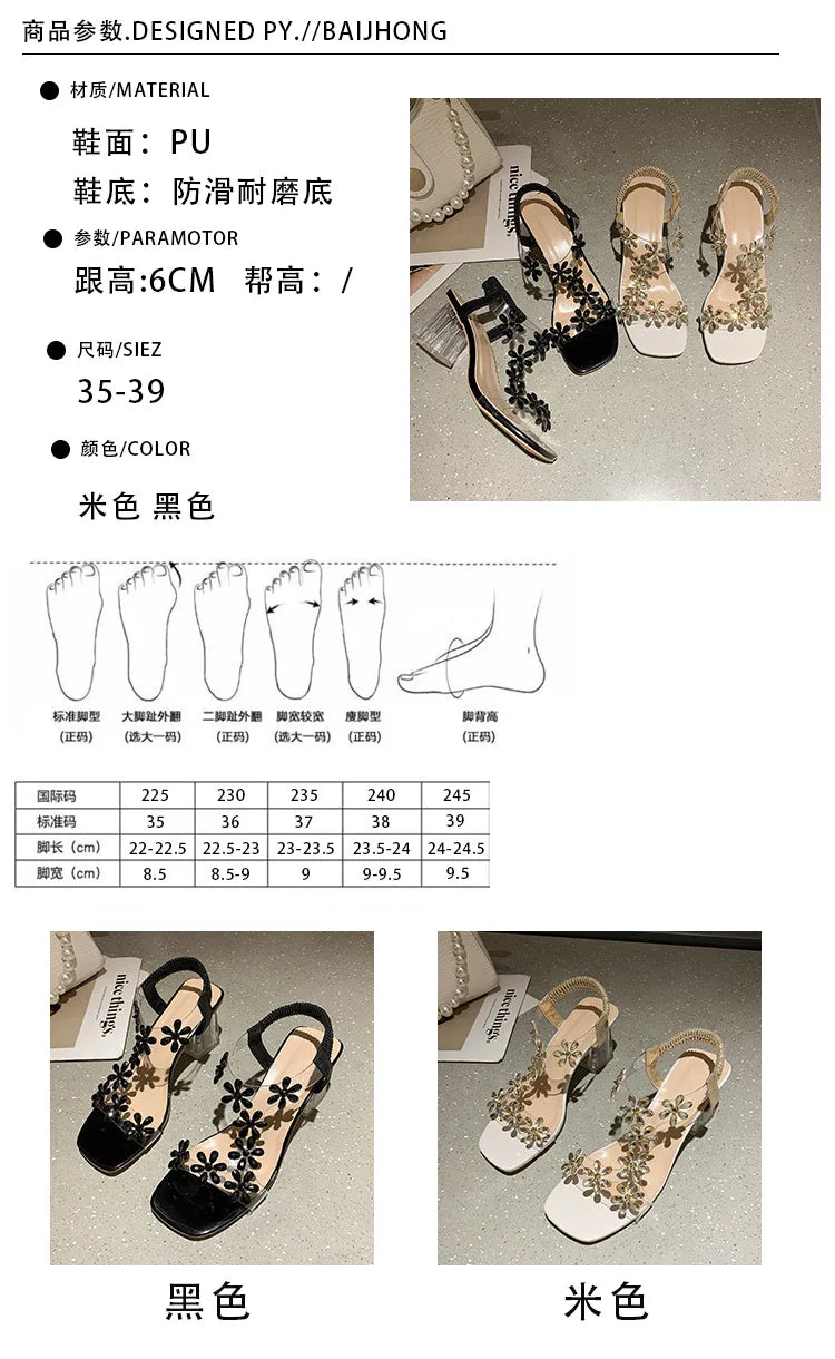 Women;s Sandals Pvc Crystal Flower Shoes for Women Decoration Chunky Heel Sandals Ladies Back Strap Fashion Shoes Female2024.