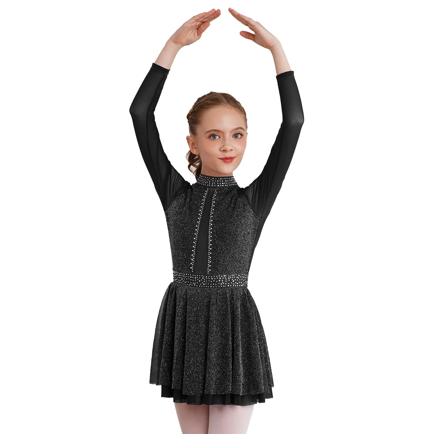 Kinder Mädchen Eiskunstlauf Kostüm Ballett lyrische Tanz gymnastik Trikot Kleid Langarm glänzend Mesh Performance Dance wear.