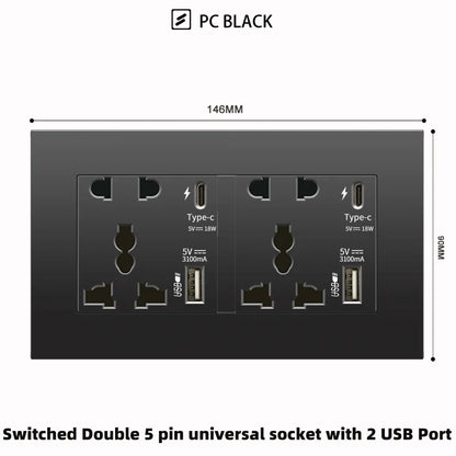 Schwarze UK 13A Wandsteckdose mit USB Typ C 18W Schnelllade-Steckdose, Wandsteckdose mit USB-Ladegerät, Schalter mit Steckdose
