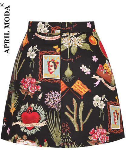 Cotton Y2K Summer Mini Skirts Women Harajuku Pencil Beach Streetwear Vintage Black Floral Print Short A Line Skirt Falda Corta.