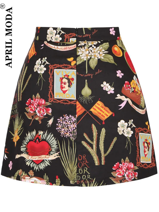 Cotton Y2K Summer Mini Skirts Women Harajuku Pencil Beach Streetwear Vintage Black Floral Print Short A Line Skirt Falda Corta.