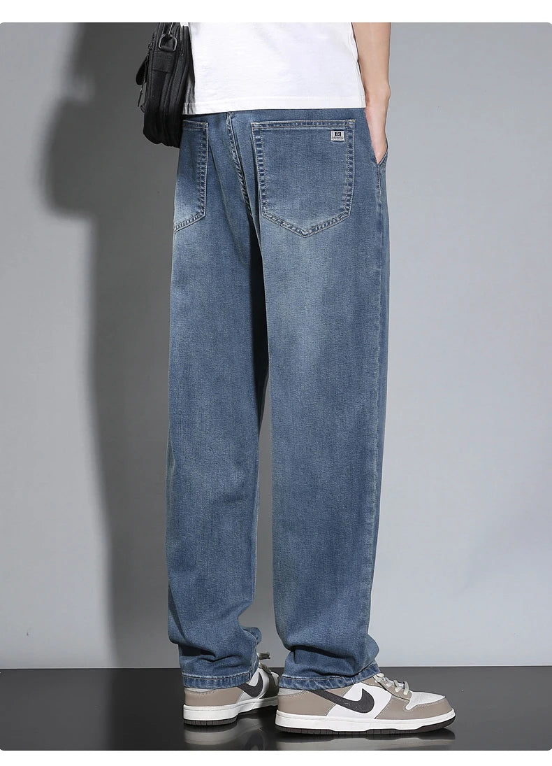 Summer Thin Men's Straight Loose Gray Jeans Soft Fabric Lyocell Fabric Light Colored Casual Pants Male Brand Trousers.