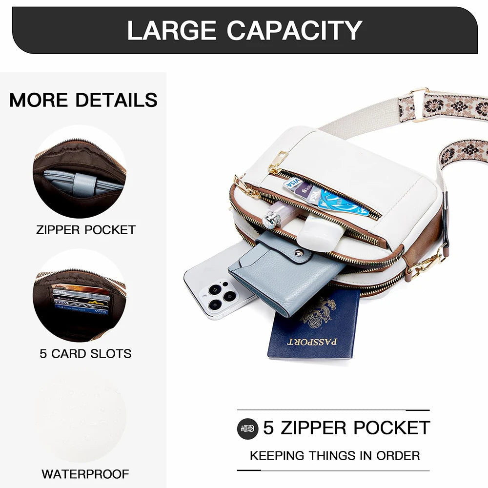 Stylish Wide Strap Shoulder Bag Women's Multiple Pockets Faux Leather Crossbody Bags Adjustable Strap  Travel Handbag Purse.