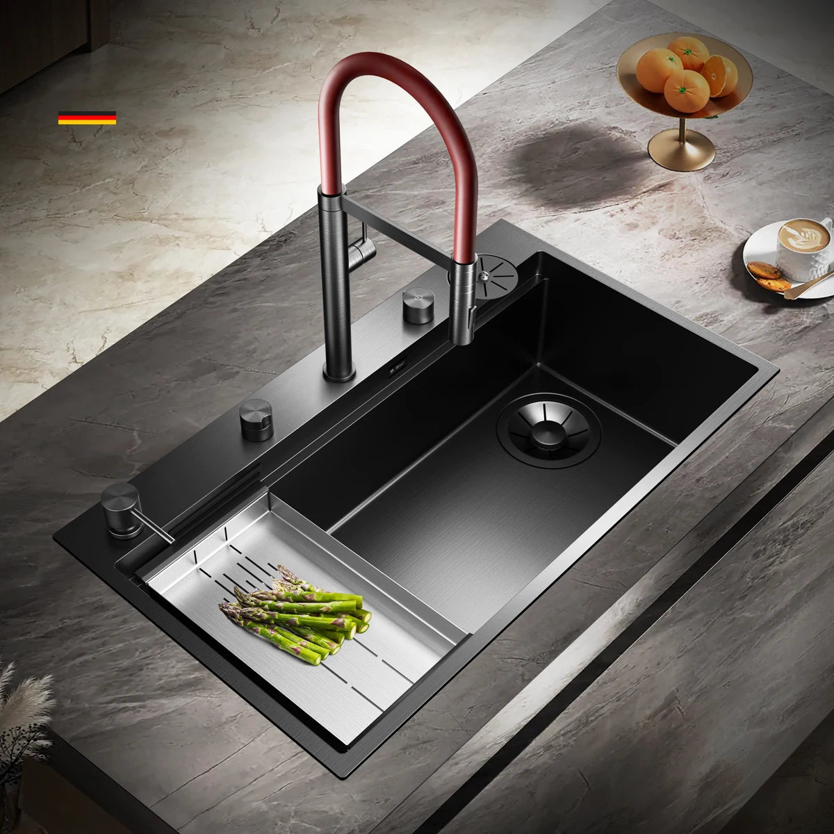 ASRAS large kitchen stainless steel nano sink with built-in waterfall faucet and large drainage outlet design