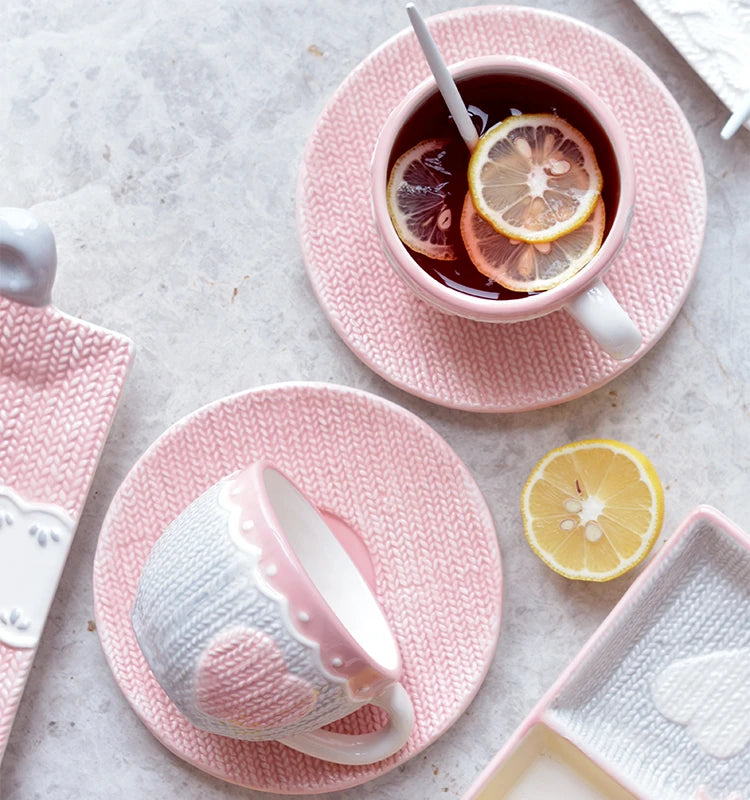 250ml Ceramic Tea Cup And Saucer Set Kawaii Bowknot Coffee Cup Dish Pink Wool Knitting Mug Microwave Safe.